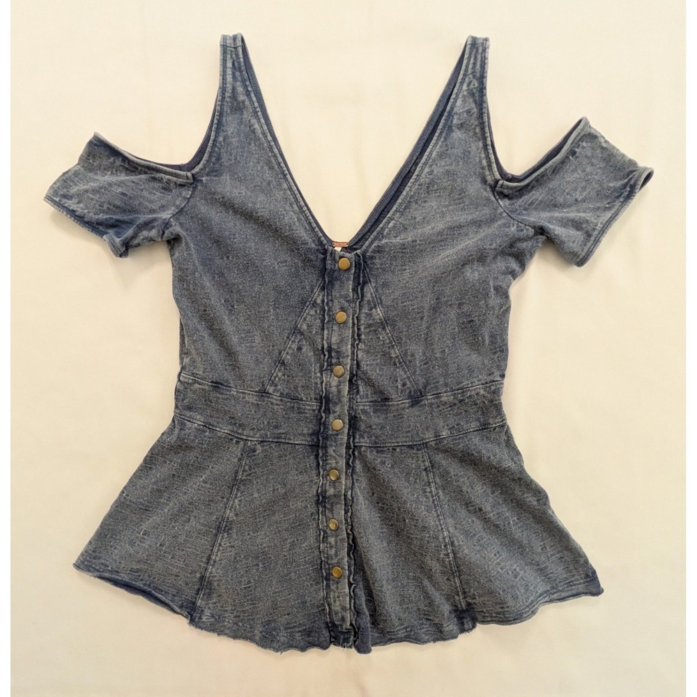 Free People Little House Cold Shoulder Peplum Top Indigo Snap Closure Medium M